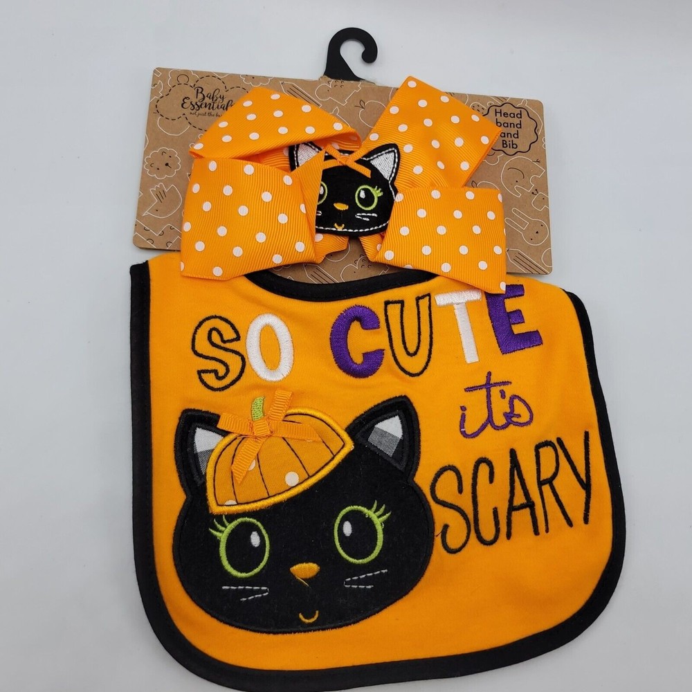 Halloween Baby Girl Bib Headband Set So Cute It's Scary Black Cat Essentials
